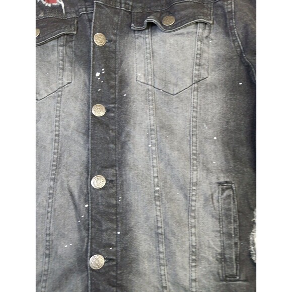 Brooklyn State Distressed Denim Trucker Jacket Black Medium Ripped Painted EUC - Picture 6 of 9